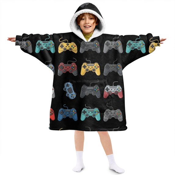 Game Controller Black Pattern Lamb Fleece Blanket Hoodies for Teens ,Teens Oversize Sherpa Wearable Hooded Blanket Sweatshirt with Super Pockets
