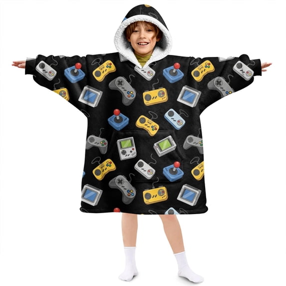Game Controller Black Pattern Lamb Fleece Blanket Hoodies for Teens ,Teens Oversize Sherpa Wearable Hooded Blanket Sweatshirt with Super Pockets