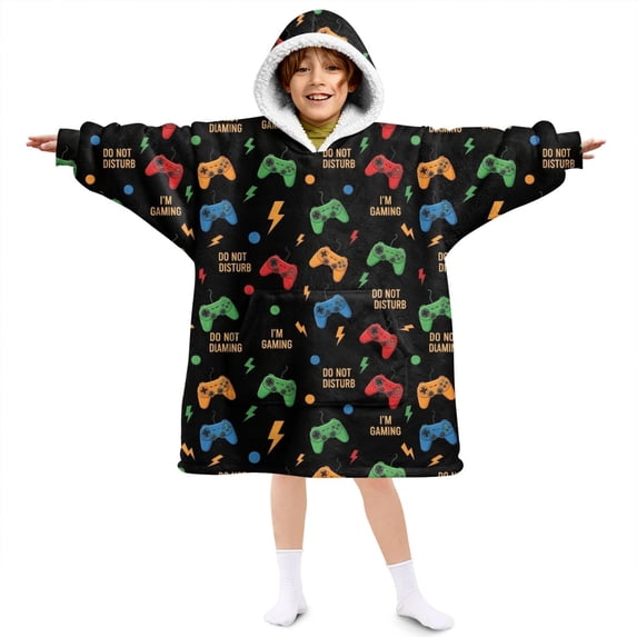 Game Controller Black Pattern Lamb Fleece Blanket Hoodies for Teens ,Teens Oversize Sherpa Wearable Hooded Blanket Sweatshirt with Super Pockets