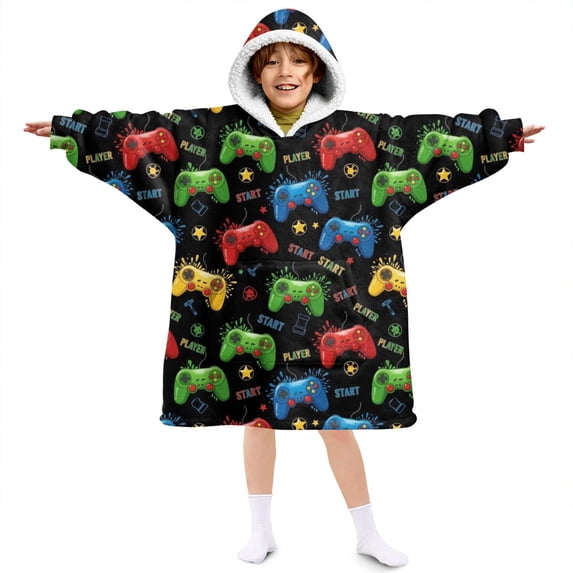 Game Controller Black Pattern Lamb Fleece Blanket Hoodies for Teens ,Teens Oversize Sherpa Wearable Hooded Blanket Sweatshirt with Super Pockets