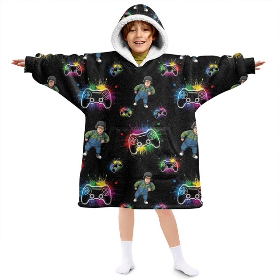 Game Controller Black Pattern Lamb Fleece Blanket Hoodies for Teens ,Teens Oversize Sherpa Wearable Hooded Blanket Sweatshirt with Super Pockets