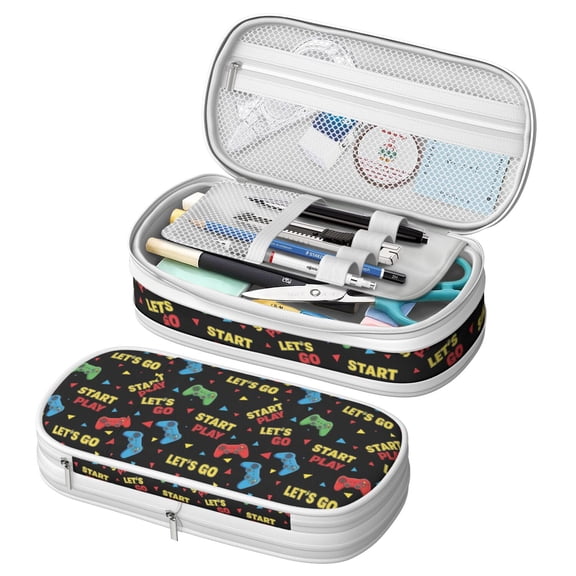 Game Controller Black Pattern Large Capacity Double Layer Pencil Case, Stationery Storage Pouch Bag, 8.66"x4.13"x3.54"