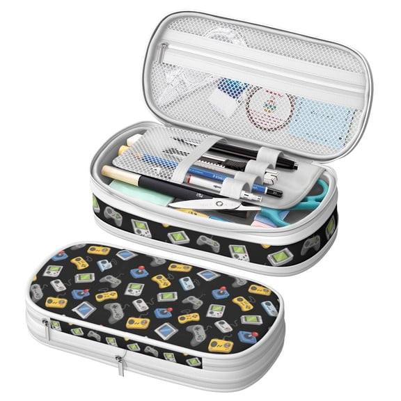 Game Controller Black Pattern Large Capacity Double Layer Pencil Case, Stationery Storage Pouch Bag, 8.66"x4.13"x3.54"