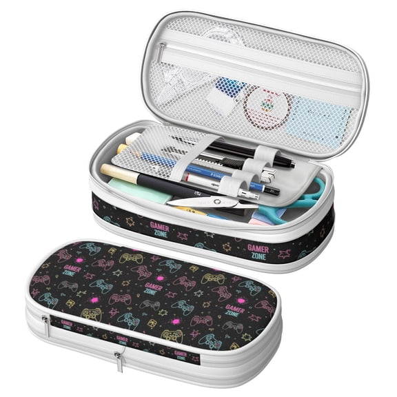 Game Controller Black Pattern Large Capacity Double Layer Pencil Case, Stationery Storage Pouch Bag, 8.66"x4.13"x3.54"