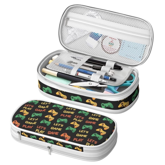 Game Controller Black Pattern Large Capacity Double Layer Pencil Case, Stationery Storage Pouch Bag, 8.66"x4.13"x3.54"