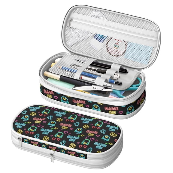 Game Controller Black Pattern Large Capacity Double Layer Pencil Case, Stationery Storage Pouch Bag, 8.66"x4.13"x3.54"