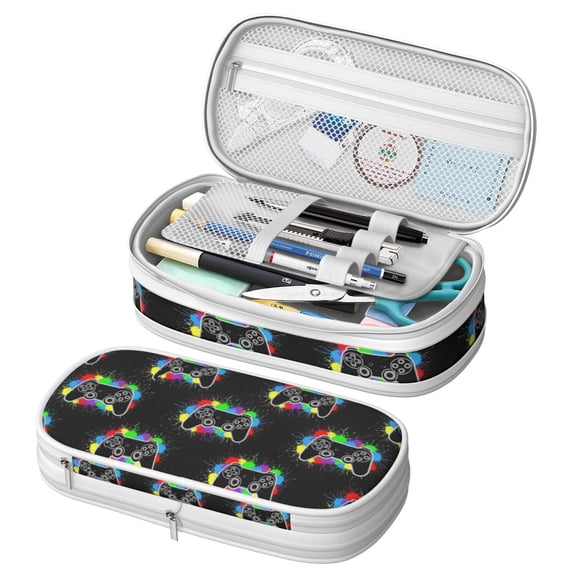 Game Controller Black Pattern Large Capacity Double Layer Pencil Case, Stationery Storage Pouch Bag, 8.66"x4.13"x3.54"