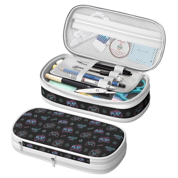 Game Controller Black Pattern Large Capacity Double Layer Pencil Case, Stationery Storage Pouch Bag, 8.66"x4.13"x3.54"
