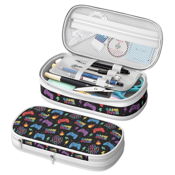 Game Controller Black Pattern Large Capacity Double Layer Pencil Case, Stationery Storage Pouch Bag, 8.66"x4.13"x3.54"