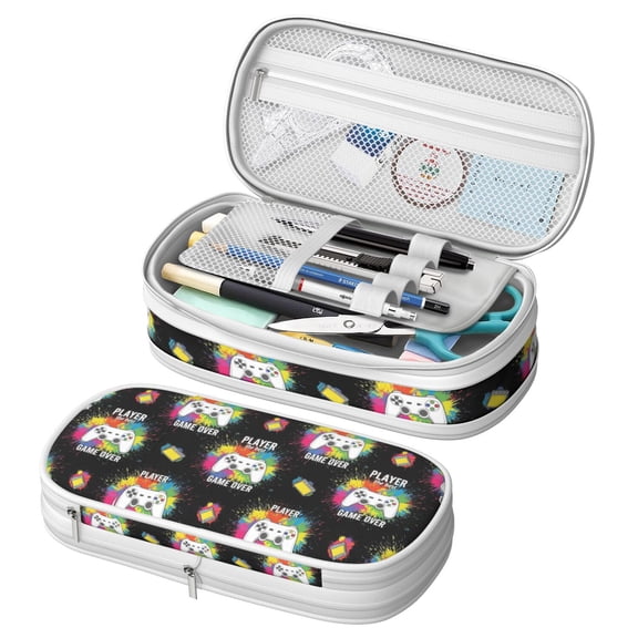 Game Controller Black Pattern Large Capacity Double Layer Pencil Case, Stationery Storage Pouch Bag, 8.66"x4.13"x3.54"