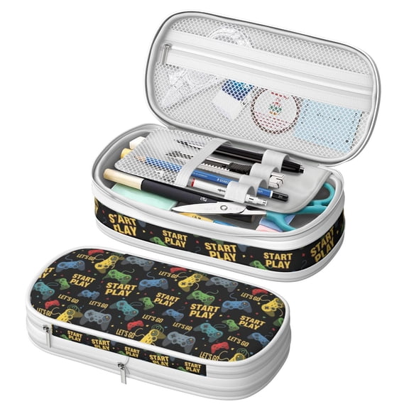 Game Controller Black Pattern Large Capacity Double Layer Pencil Case, Stationery Storage Pouch Bag, 8.66"x4.13"x3.54"