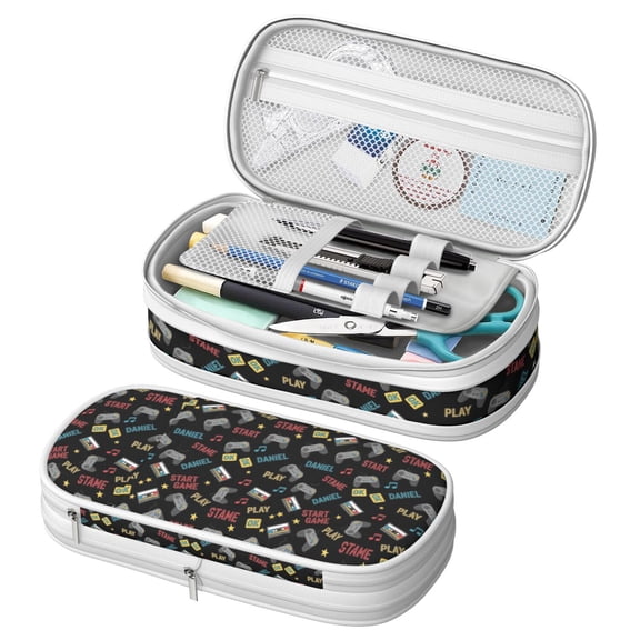 Game Controller Black Pattern Large Capacity Double Layer Pencil Case, Stationery Storage Pouch Bag, 8.66"x4.13"x3.54"