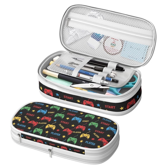 Game Controller Black Pattern Large Capacity Double Layer Pencil Case, Stationery Storage Pouch Bag, 8.66"x4.13"x3.54"