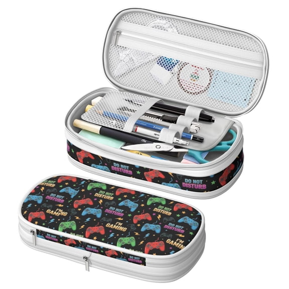 Game Controller Black Pattern Large Capacity Double Layer Pencil Case, Stationery Storage Pouch Bag, 8.66"x4.13"x3.54"