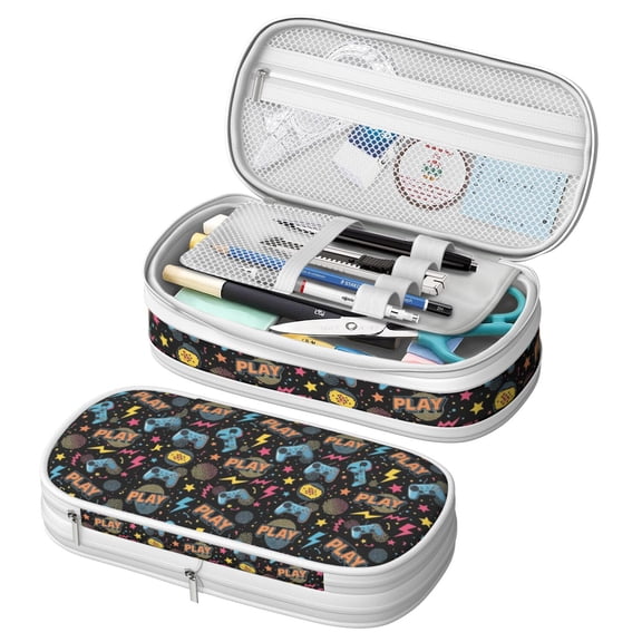 Game Controller Black Pattern Large Capacity Double Layer Pencil Case, Stationery Storage Pouch Bag, 8.66"x4.13"x3.54"