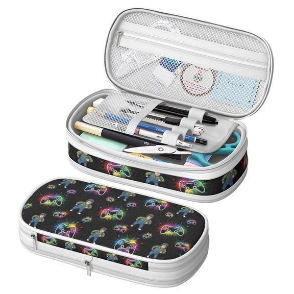 Game Controller Black Pattern Large Capacity Double Layer Pencil Case, Stationery Storage Pouch Bag, 8.66"x4.13"x3.54"