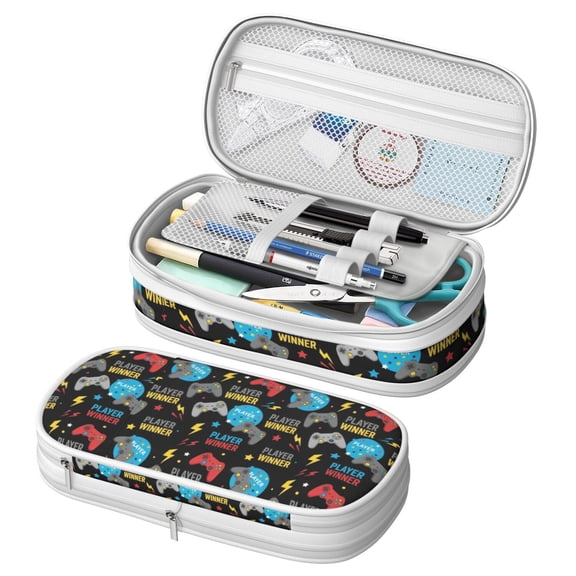 Game Controller Black Pattern Large Capacity Double Layer Pencil Case, Stationery Storage Pouch Bag, 8.66"x4.13"x3.54"