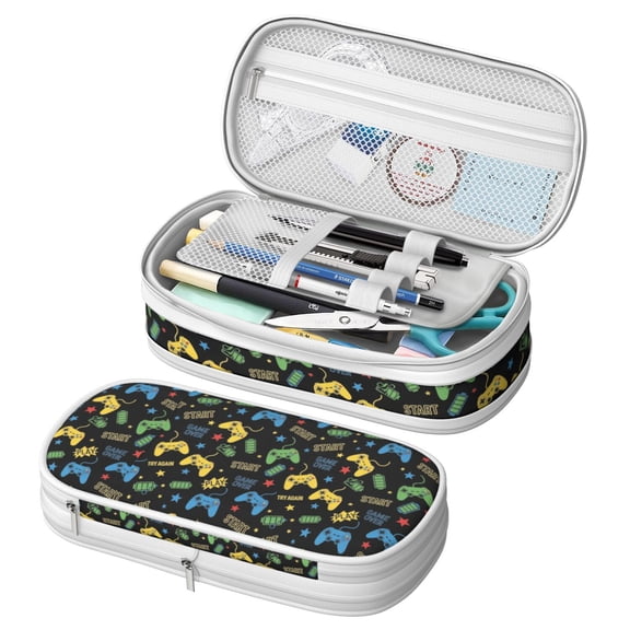 Game Controller Black Pattern Large Capacity Double Layer Pencil Case, Stationery Storage Pouch Bag, 8.66"x4.13"x3.54"