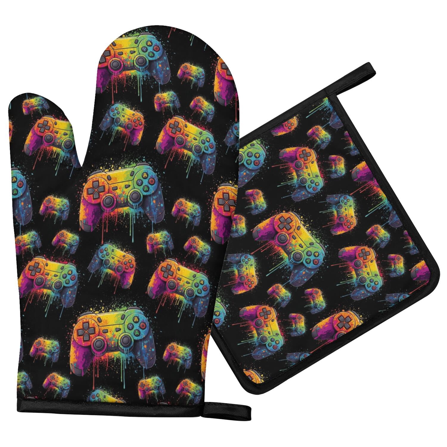 Bbq Banner Examples Game Controller Black Pattern Oven Mitt Pot Holder Set, Polyester BBQ ...