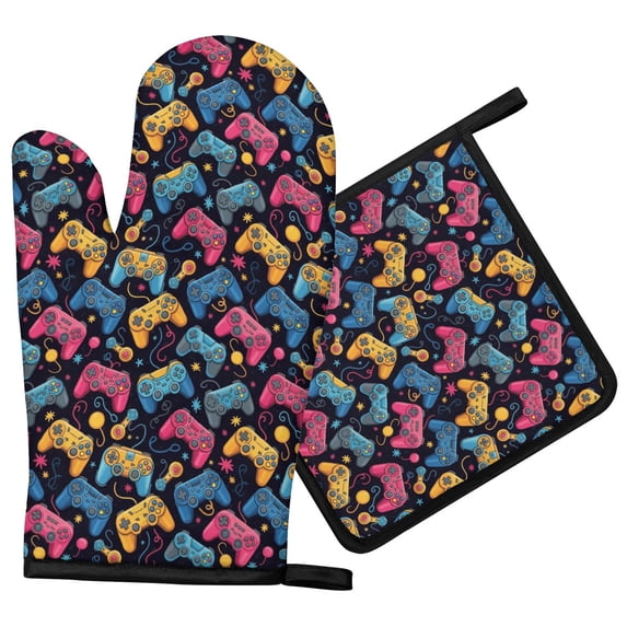 Game Controller Black Pattern Oven Mitt Pot Holder Set, Polyester ...