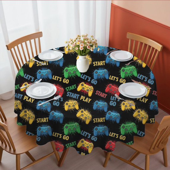 Game Controller Black Pattern Round Tablecloth 70"x70", Wrinkle Resistant Wipeable Table Cover for Kitchen Dining Room Picnic Patio and Party
