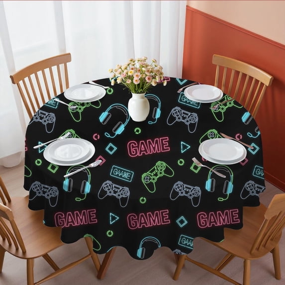 Game Controller Black Pattern Round Tablecloth 70"x70", Wrinkle Resistant Wipeable Table Cover for Kitchen Dining Room Picnic Patio and Party