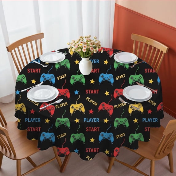Game Controller Black Pattern Round Tablecloth 70"x70", Wrinkle Resistant Wipeable Table Cover for Kitchen Dining Room Picnic Patio and Party