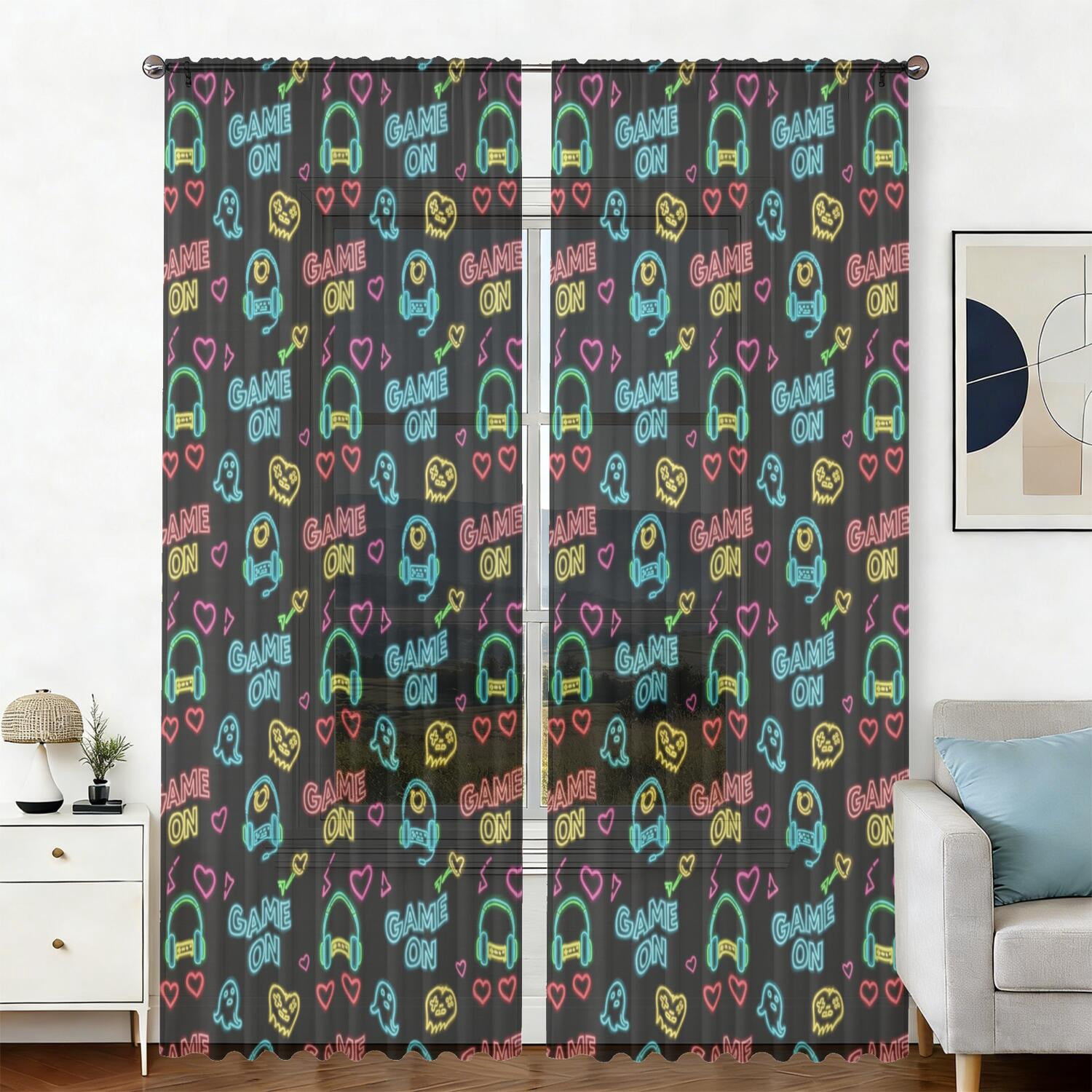 Game Controller Black Pattern Sheer Curtains, Voile Drapes with Dual ...