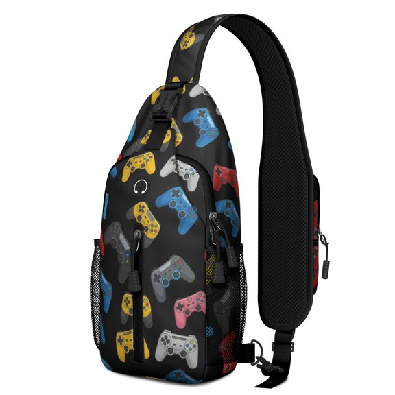 Game Controller Black Pattern Sling Backpack, Casual Day Sling Pack with Earphone Port, Breathable Padded Back Gift Ideas for Hiking Cycling Walking