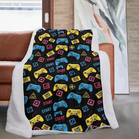 Game Controller Black Pattern Soft Sherpa Fleece Throw Blanket, Warm Cozy Plush Blanket for Sofa Bed Couch, All Season, 60"x80"