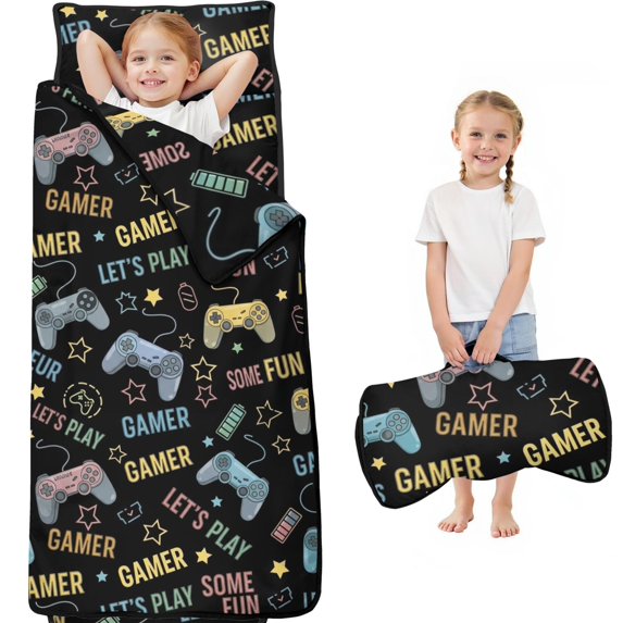 Game Controller Black Pattern Toddler Nap Mat with Pillow & Blanket, Soft Sleeping Mat for Preschool Daycare Travel Sleepovers