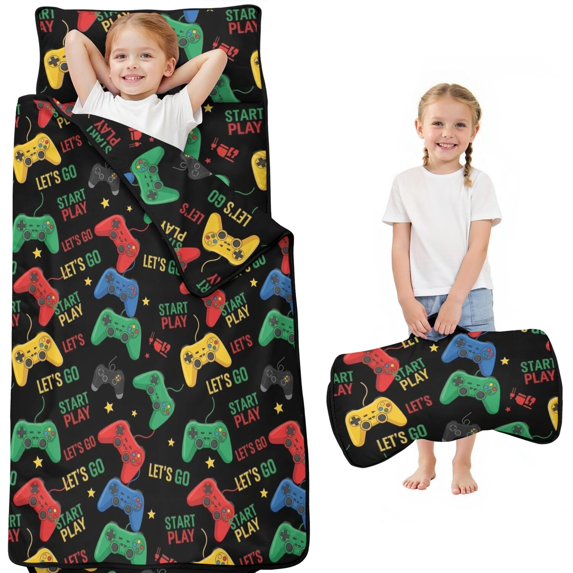 Game Controller Black Pattern Toddler Nap Mat with Pillow & Blanket, Soft Sleeping Mat for Preschool Daycare Travel Sleepovers