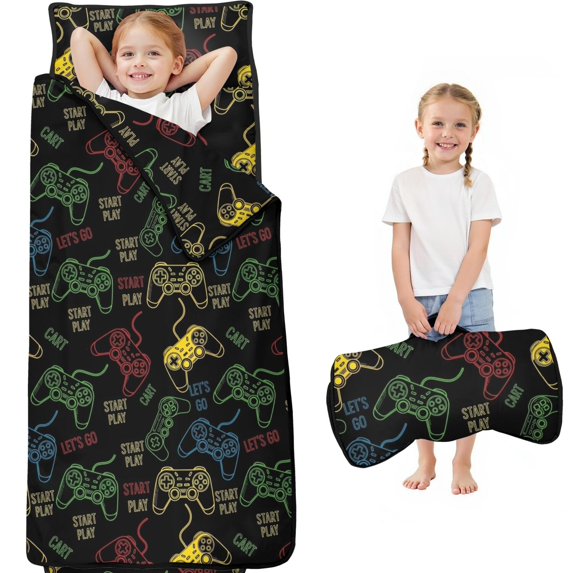 Game Controller Black Pattern Toddler Nap Mat with Pillow & Blanket, Soft Sleeping Mat for Preschool Daycare Travel Sleepovers