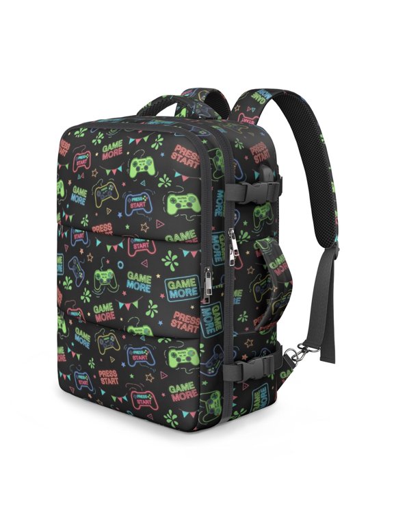 Game Controller Black Pattern Travel Laptop Backpack, Airline Approved Personal Bag with Multi Compartments & USB Port, Water Resistant Twill Gifts for Men Women
