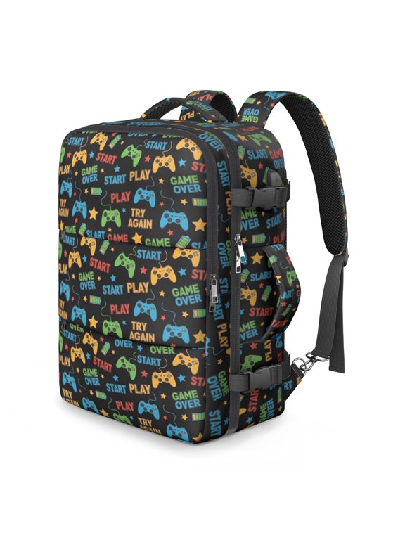 Game Controller Black Pattern Travel Laptop Backpack, Weekender Backpack with Multi Compartments & USB Port, Anti Theft Pocket Gifts for Travel Business School