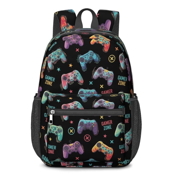 Game Controller Black Patternx 17" School Backpacks for Teens,Waterproof Oxford Fabric,S-Shape Padded Straps for School,Travel,Hiking,Camping