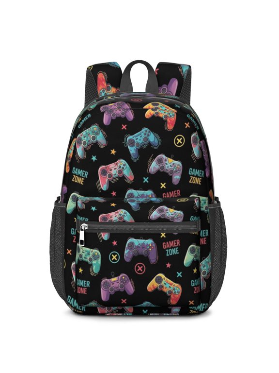 Game Controller Black Patternx 17" School Backpacks for Teens,Waterproof Oxford Fabric,S-Shape Padded Straps for School,Travel,Hiking,Camping