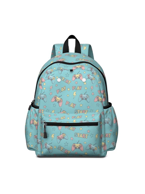 Game Controller Blue Pattern Backpack for School, Cute School Bag with Adjustable Shoulder Straps and Padded Back, 13.4"x11"x4.7"