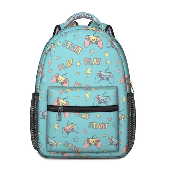Game Controller Blue Pattern Backpack for School, Cute School Bag with Adjustable Shoulder Straps and Padded Back, 15.3"x11"x6.7"