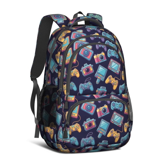 Game Controller Blue Pattern Backpack for School, Cute School Bag with Adjustable Shoulder Straps and Padded Back, 16.9"x12.6"x5.9"