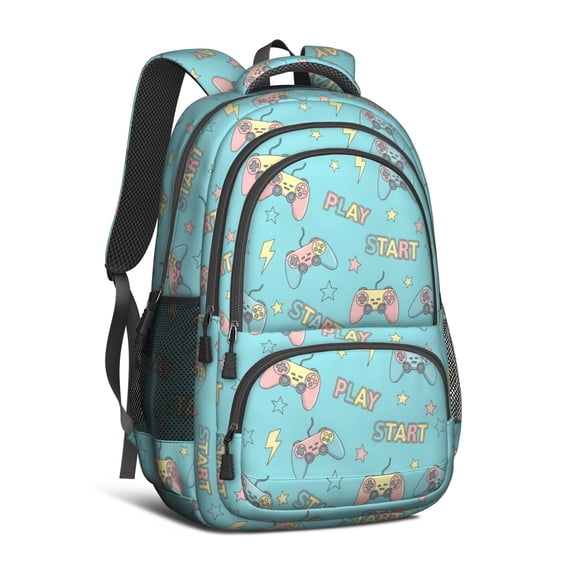 Game Controller Blue Pattern Backpack for School, Cute School Bag with Adjustable Shoulder Straps and Padded Back, 16.9"x12.6"x5.9"