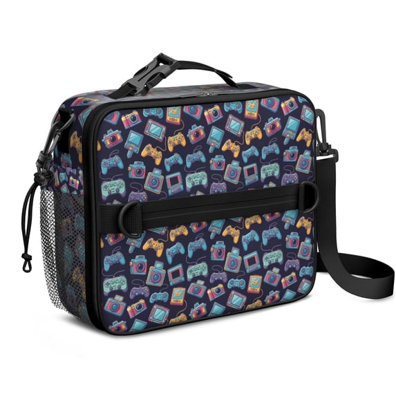 Game Controller Blue Pattern Insulated Lunch Bag with Shoulder Strap and Bottle Holder,Bento School Lunch Bag Box,11x9.5x3.5 Inches