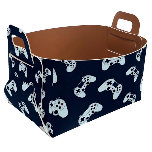 Game Controller Blue Storage Basket Collapsible Storage Bin, PU Foldable Basket Convenient Box Storage Organizer with Handles for Shelves Office Bedroom Closet Nursery Toys Laundry