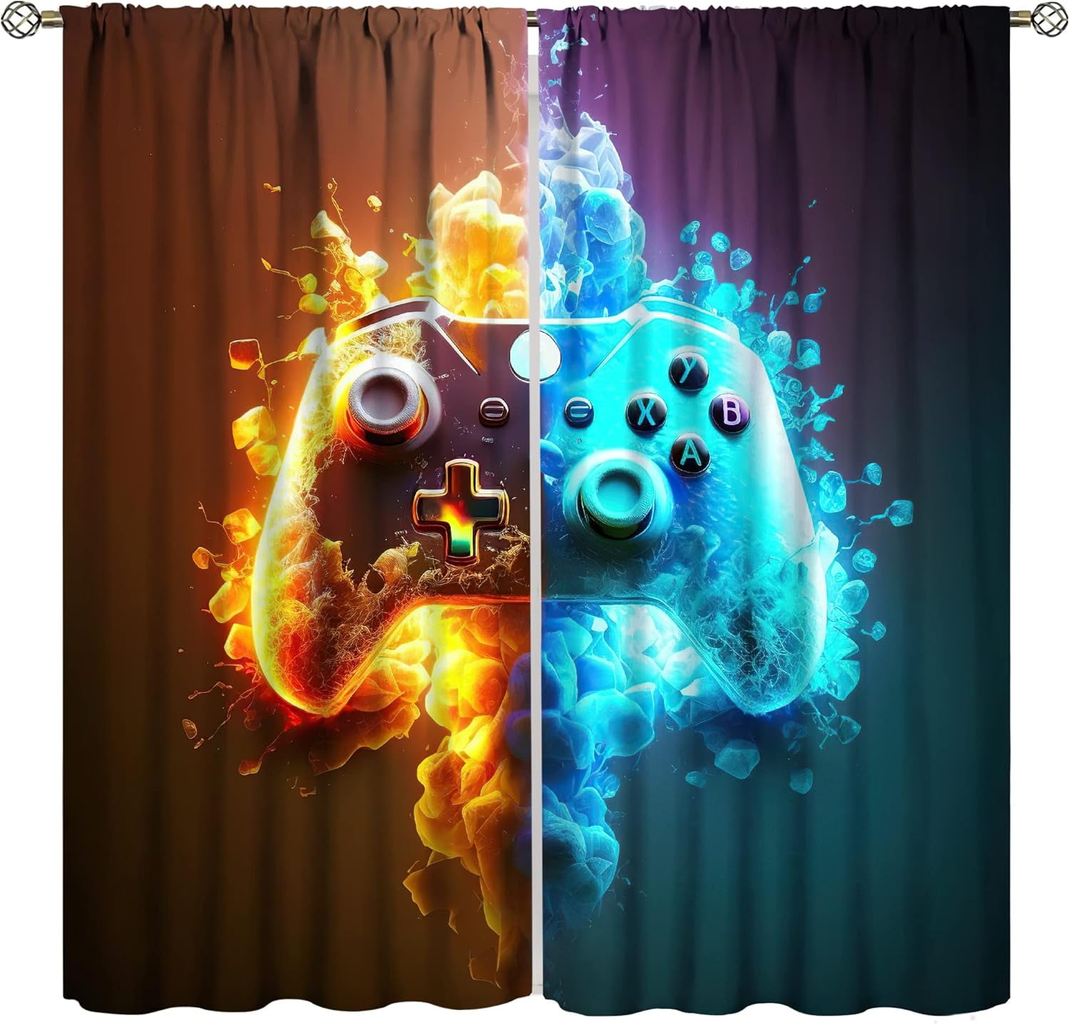Game Controller Decor Curtains for Kids Boys Teens Gamer Gaming Video Flame Gamepad Outer Space Bedroom Decor Playroom Living Room Home, Darkening Window Drapes 42'''' Wx84'''' L x2【Decor】