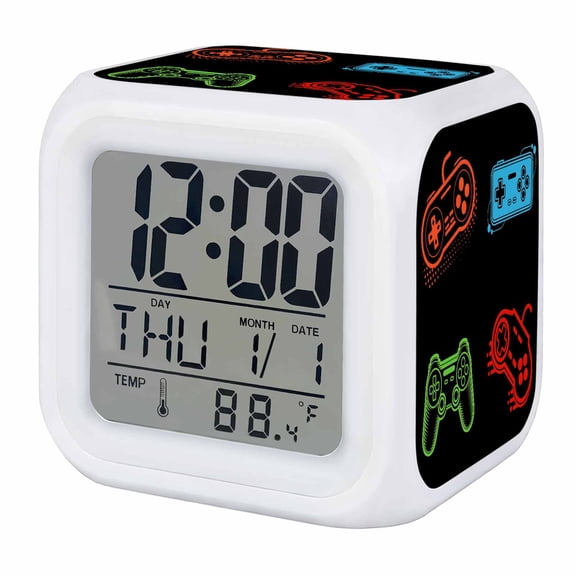 Game Controller Digital Alarm Clock for Bedrooms, Smart LED Alarm Clock with 7 Color Changing Night Light, Modern Art Gaming Handheld Black Silent Wake Up Clocks for Sleep Study Cooking 3.2"x3.2"