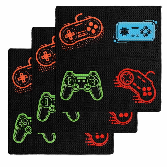 Game Controller Dish Towels Set, Waffle Weave Kitchen Towels 3 Pieces, Modern Art Gaming Handheld Black Microfiber Hair Face Bath Tea Towel Absorbent Quick Drying Cleaning Dish Cloths 12"x12"