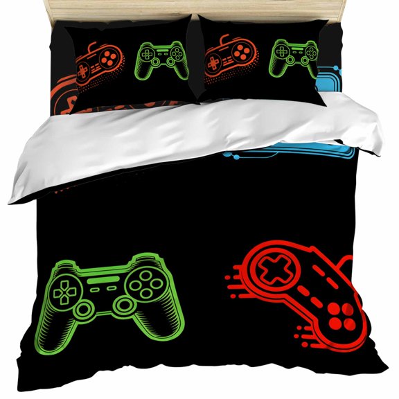 Game Controller Duvet Cover Set, Modern Art Gaming Handheld Black Soft Duvet Cover Twin Size Bedding Set 4 Pieces, 1 Quiltcover and 2 Pillowcases with Zipper, 1 Bed Sheet for All Seasons