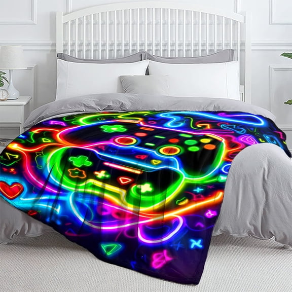 Game Controller Glowing Lines Print Soft Flannel Throw Blanket, Lightweight Warm for Sofa Bed Couch Office Travel, Ideal Gamer Gift for Family Friends