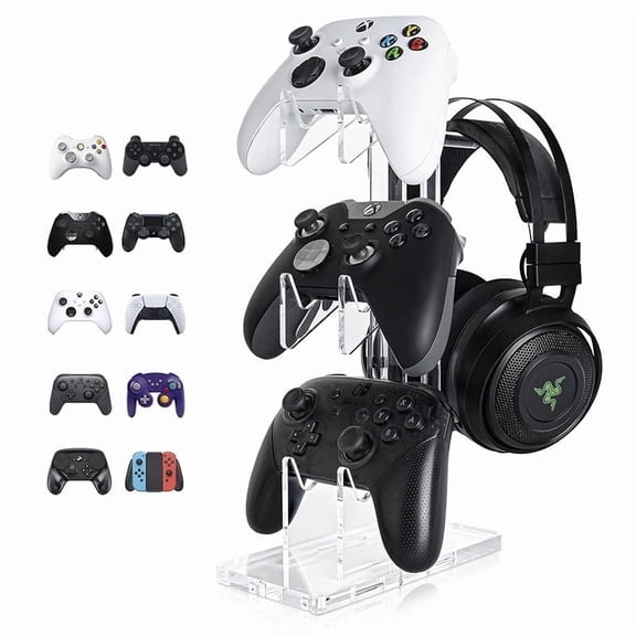 Game Controller Holder 3 Tiers - Universal Dual Controller Stand Headphone Holder, Acrylic Black Controller Display Stand Compatible with Nintendo Switch Xbox PS5 PS4, Desk Mounts for Controller