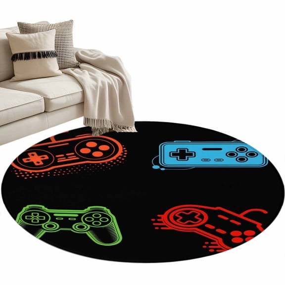 Game Controller Large Area Rugs for Bedroom Living Room, Soft Non Slip Carpet Bedside Rug, Modern Art Gaming Handheld Black Round Floor Cover Kitchen Accent Rug 3' for Dining Room/Office